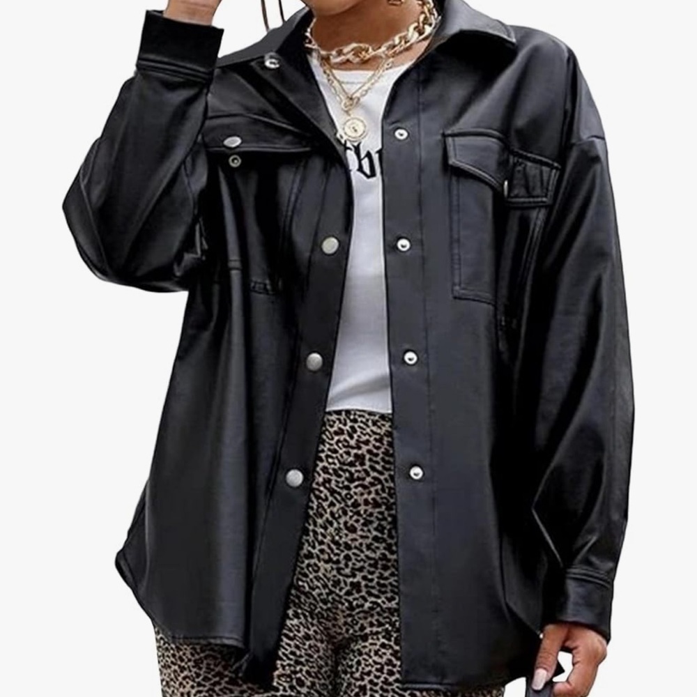 Boutique Womens Black Faux Leather Button Down Jacket Shirt Shacket Coat Medium